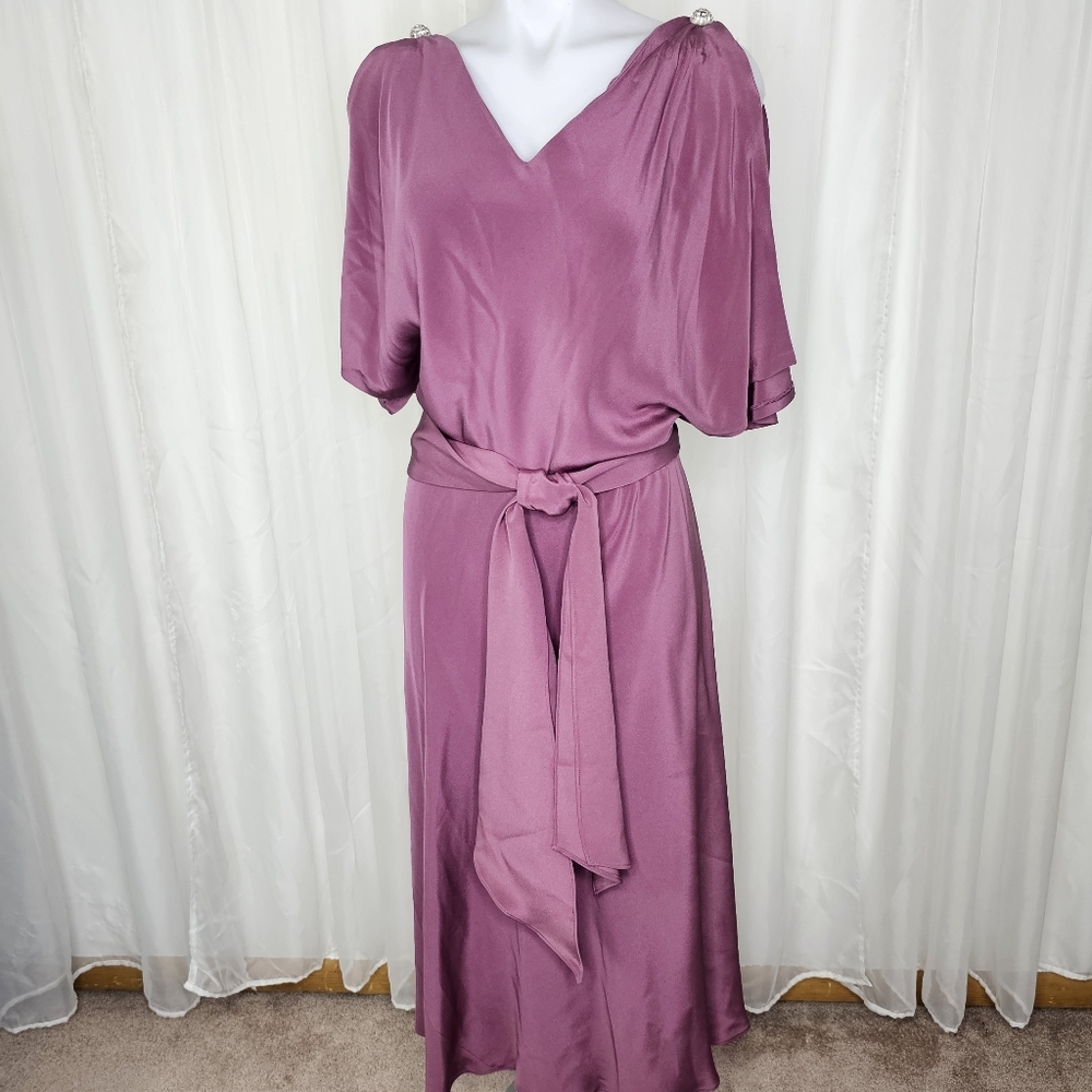 Vintage Marianne Novobatzky Purple Mauve Satin Wrap Maxi Dress Rhinestone